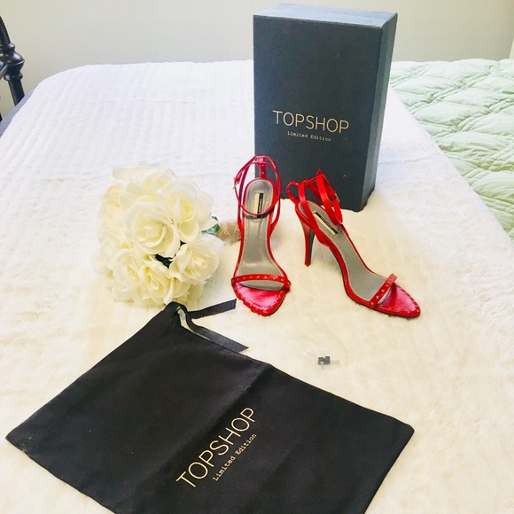 TOPSHOP Studded Limited Edition “Paisley” Leather Ankle Heels Red EU 39 / US 8.5 - Picture 5 of 15
